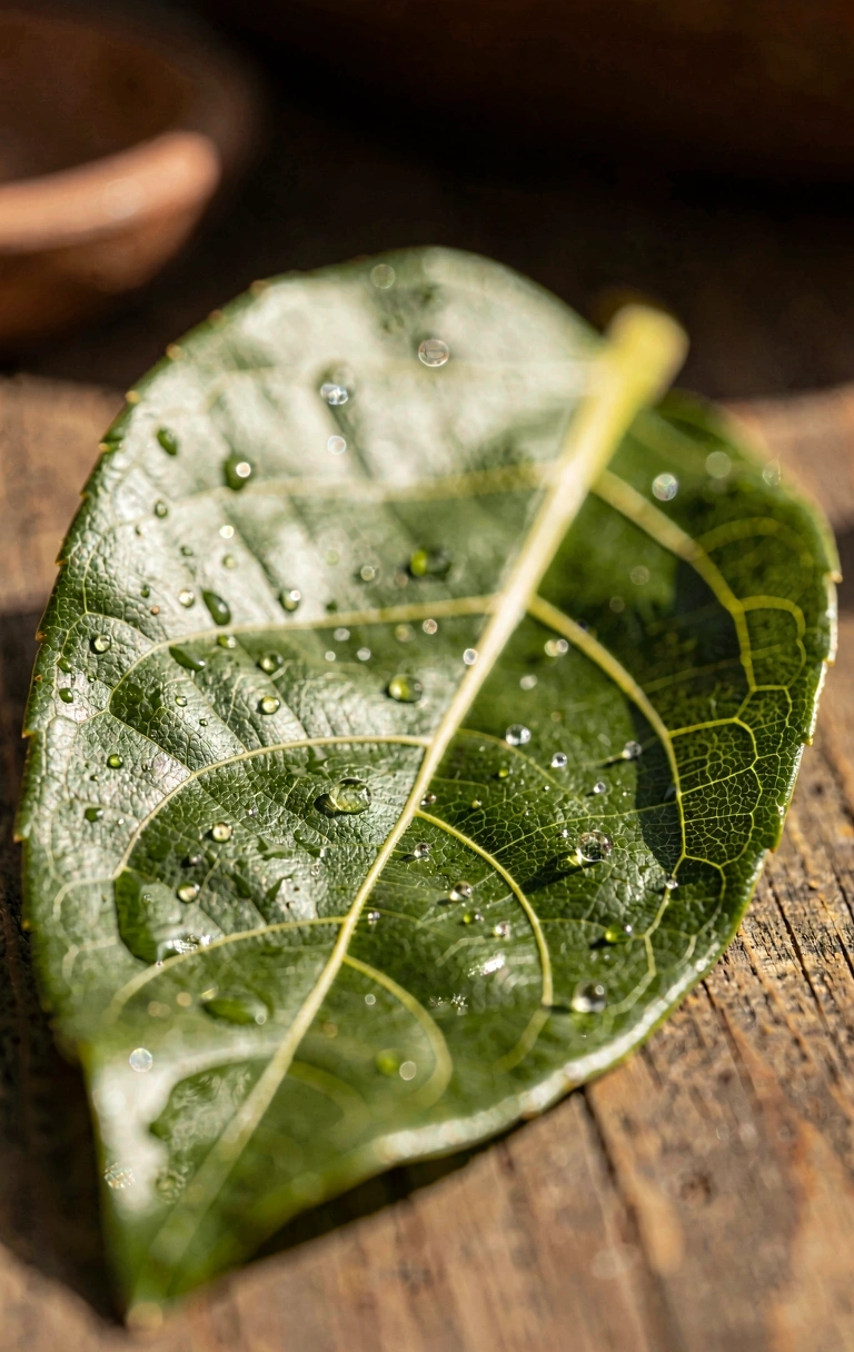 Detalle macro de una hoja de laurel fresca