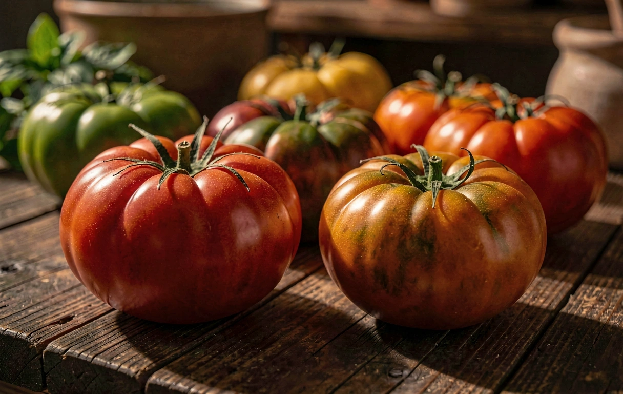 Variedad de tomates en mesa rústica